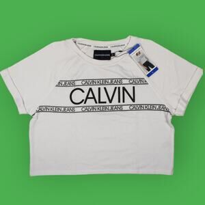 Calvin Klein Jeans (L) Short-Sleeve Crop Sweatshirt White Black Logo NEW